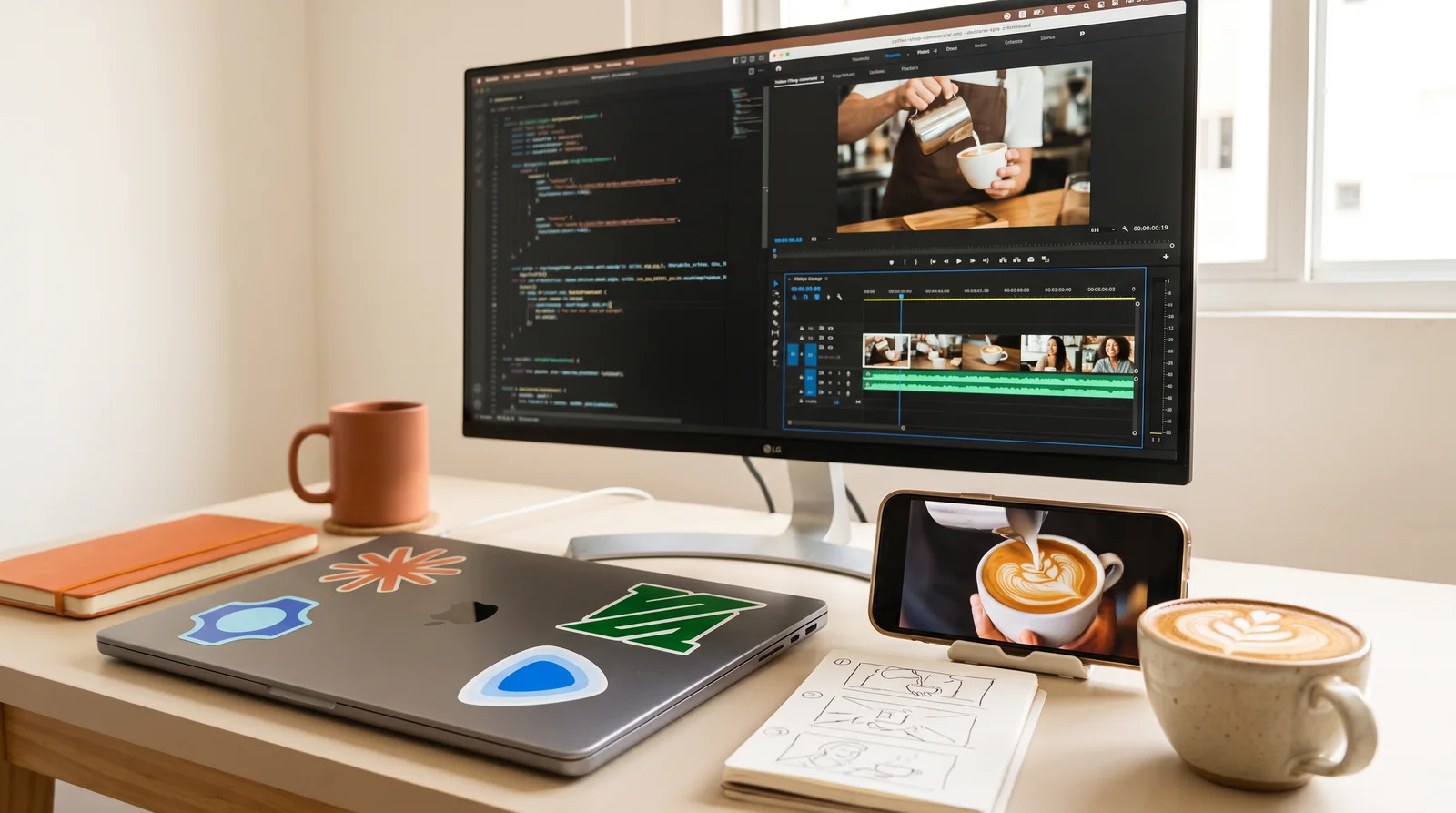 Bancada para gerar vídeo com IA no Claude Code: terminal e timeline de um comercial de café no monitor, o take vertical no celular e adesivos do Claude, fal, FFmpeg e Remotion no notebook
